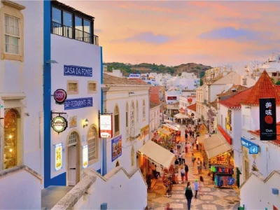 Vibrant Albufeira Walk with bustling streets, concluding the Silves Castle & Drink tour.
